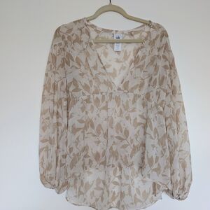 Sheer Cream And Tan Leaf Print Blouse